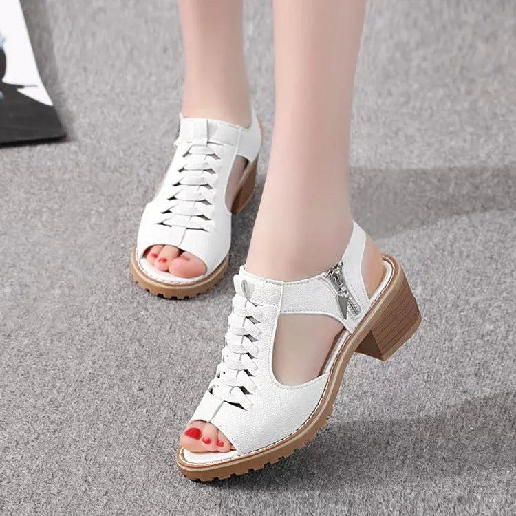 Women's retro sandals with side zipper, 3-5cm heel, artificial PU vamp and beef tendon sole