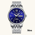 WLISTH women's rose gold stainless steel dress watch with week and date display on white background