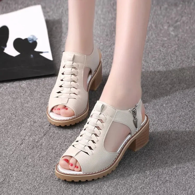 Women's retro sandals with side zipper, 3-5cm heel, artificial PU vamp and beef tendon sole