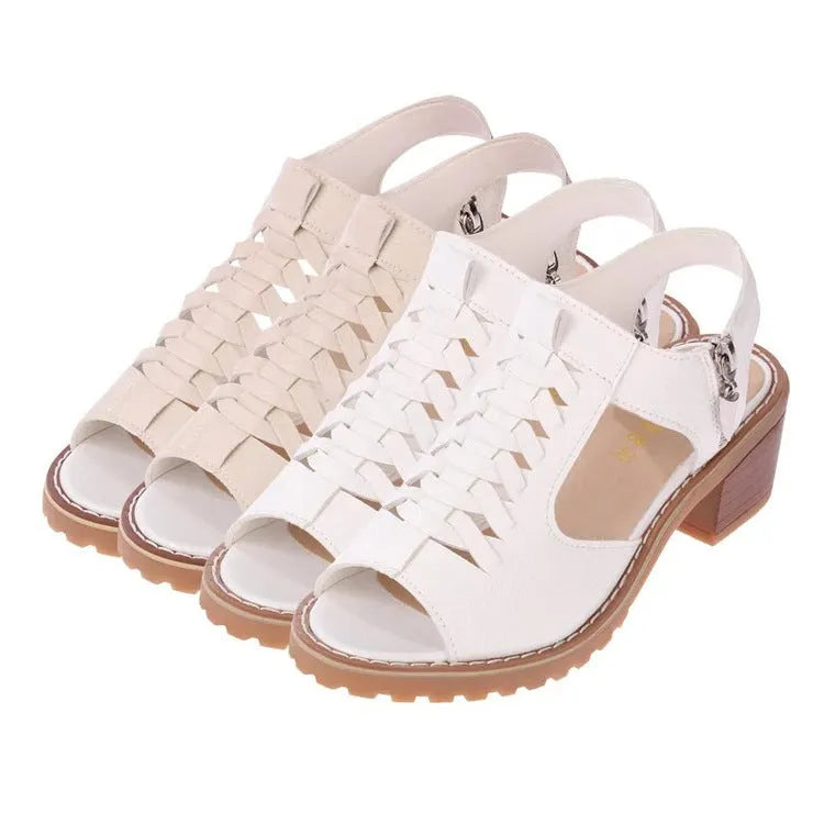 Women's retro sandals with side zipper, 3-5cm heel, artificial PU vamp and beef tendon sole