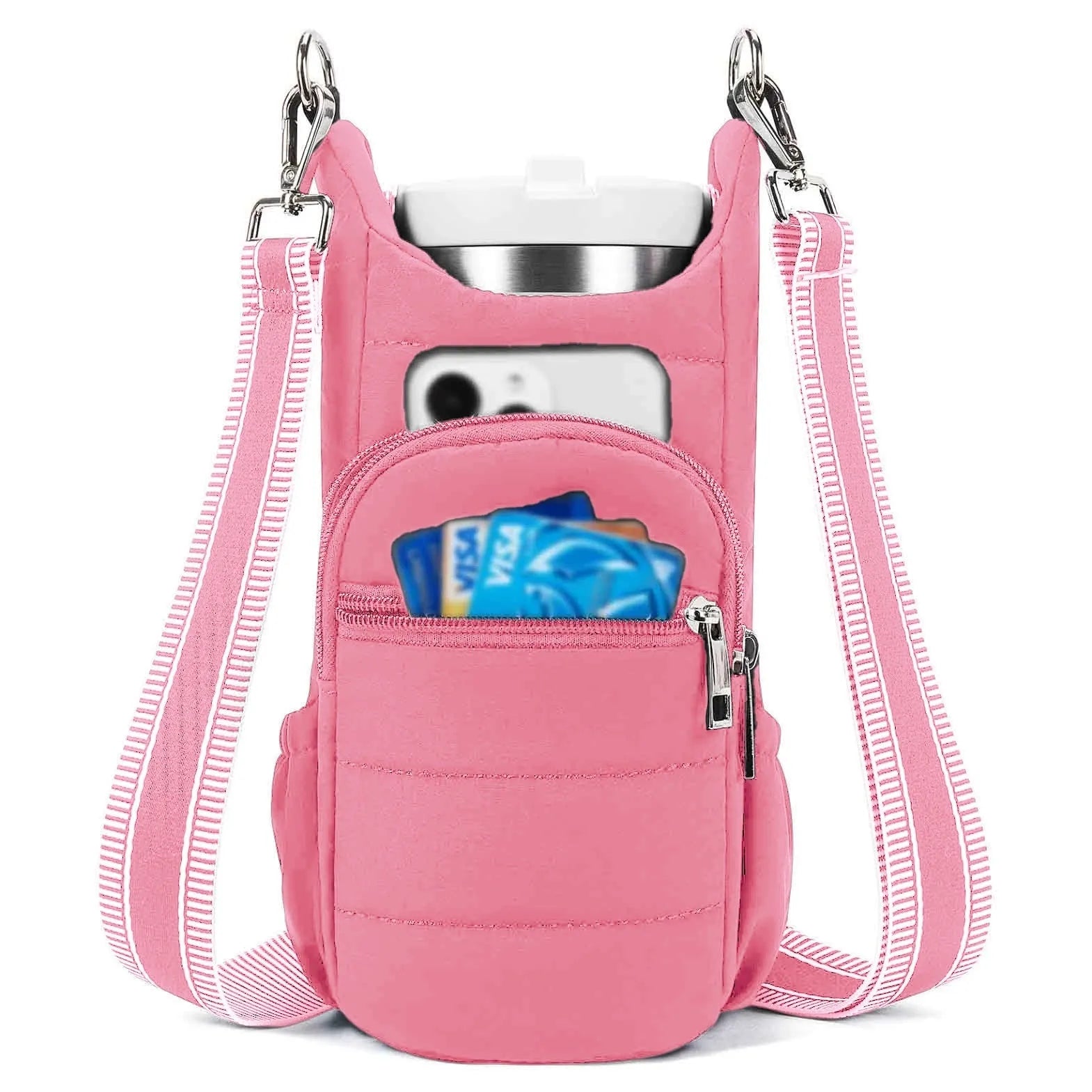 Cloth bicycle water bottle bag in beige, black, or pink colour on a bike frame.