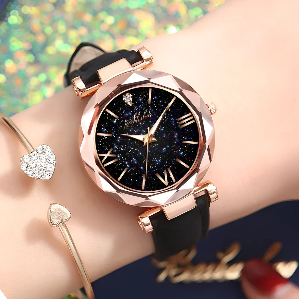 Frosted belt watch with round starry sky dial, Roman numerals, rhinestones, and brown leather strap