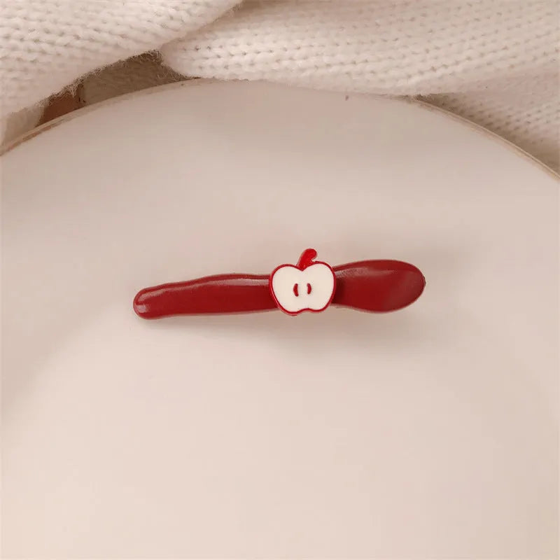 Red love heart shaped willow leaf hair clip with dots, a French retro Korean-style barrette.