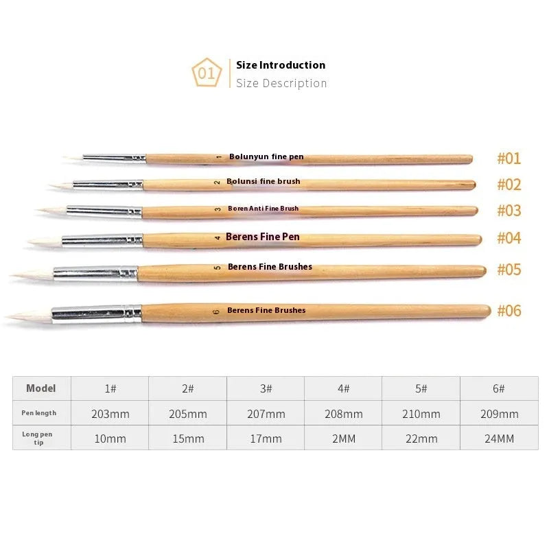 Set of six wooden artistic brushes with pointed wool tips for line work and calligraphy