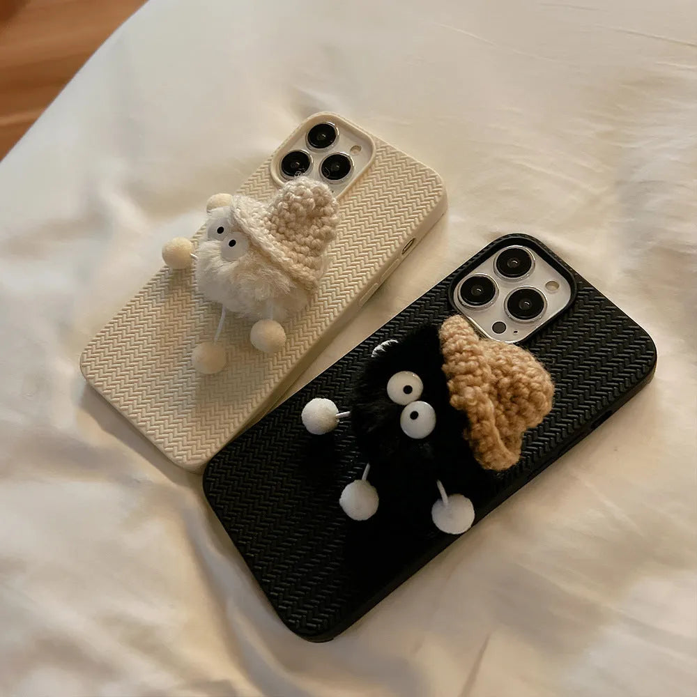 Plush coal ball phone case for iPhone, soft TPU shell, black, with 3D hairy doll design