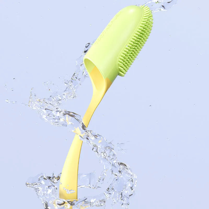 Pink reusable finger toothbrush for dogs and cats, with PP+TPR soft bristles, on white background