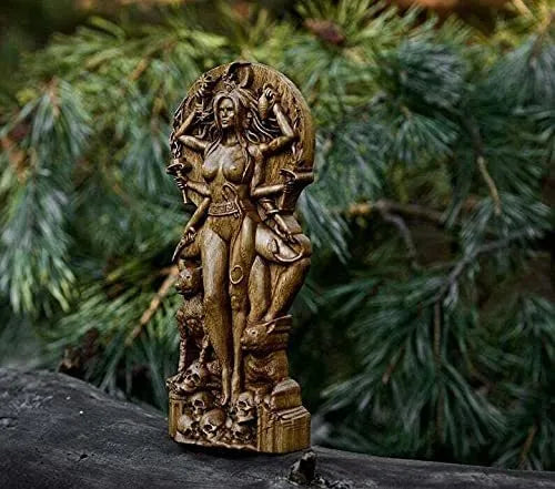 Detailed resin statue of a Greek goddess, 22cm tall, shown in one of three available colour finishes on a wooden surface.