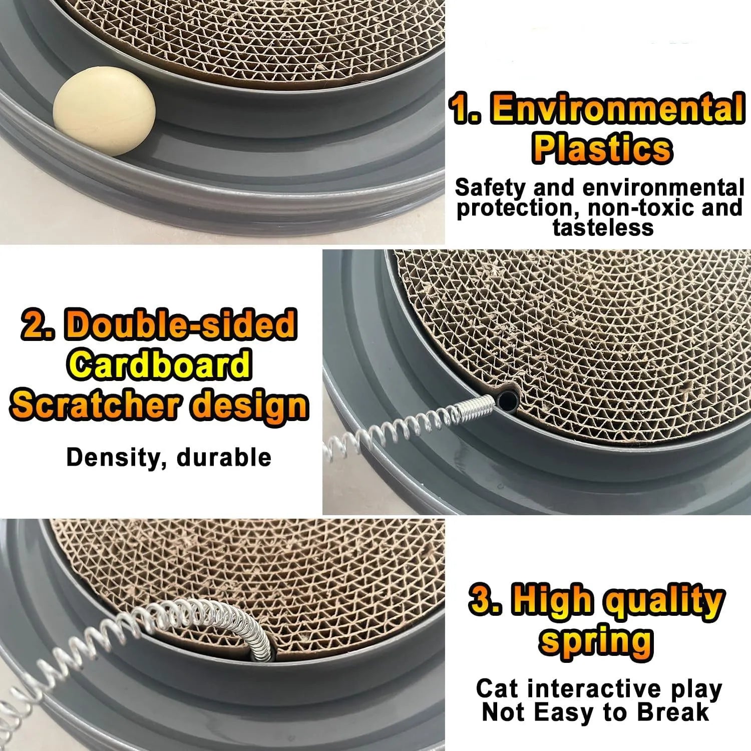 Blue interactive cat scratcher toy with central scratch pad, circular ball track, and a mouse swatter accessory.