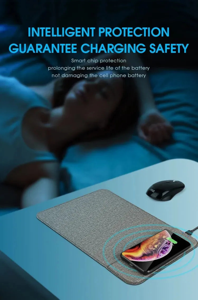 Fabric-covered foldable phone holder with wireless charging pad showing a smartphone placed on it.