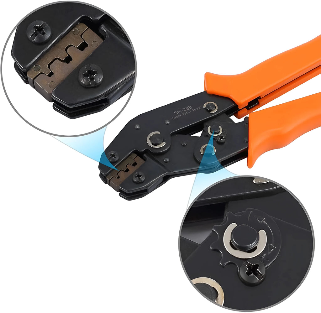 Yellow ratchet crimping pliers SN-28B 195mm alloy handle on workbench