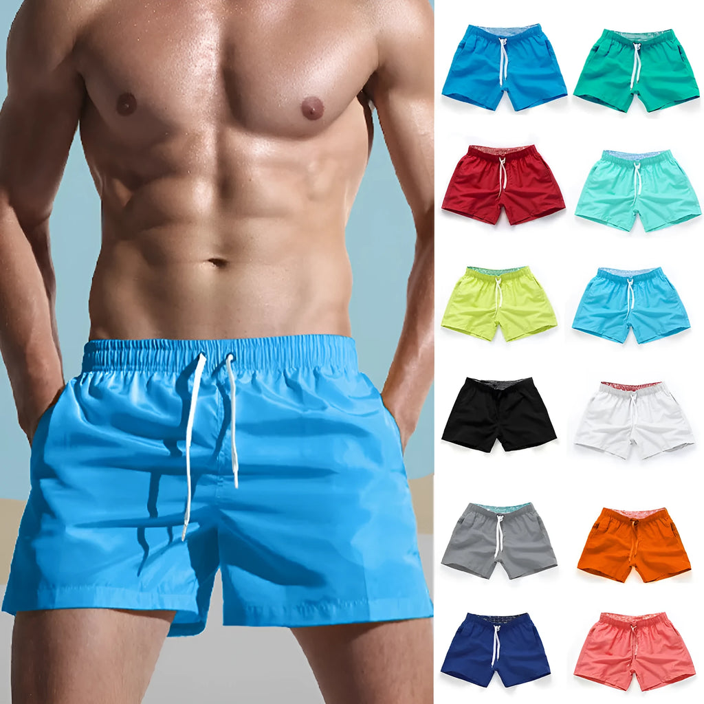 Men's polyester surf shorts in multiple colours on a beach background, showing straight leg design.