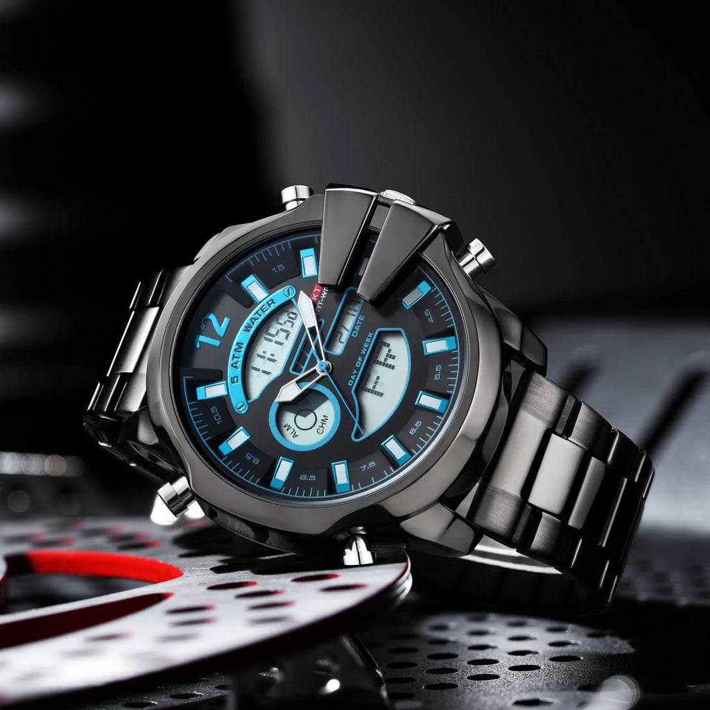 Men's double display LED sports watch with alarm, 30m water resistant, stainless steel strap, 55mm round dial, black colour