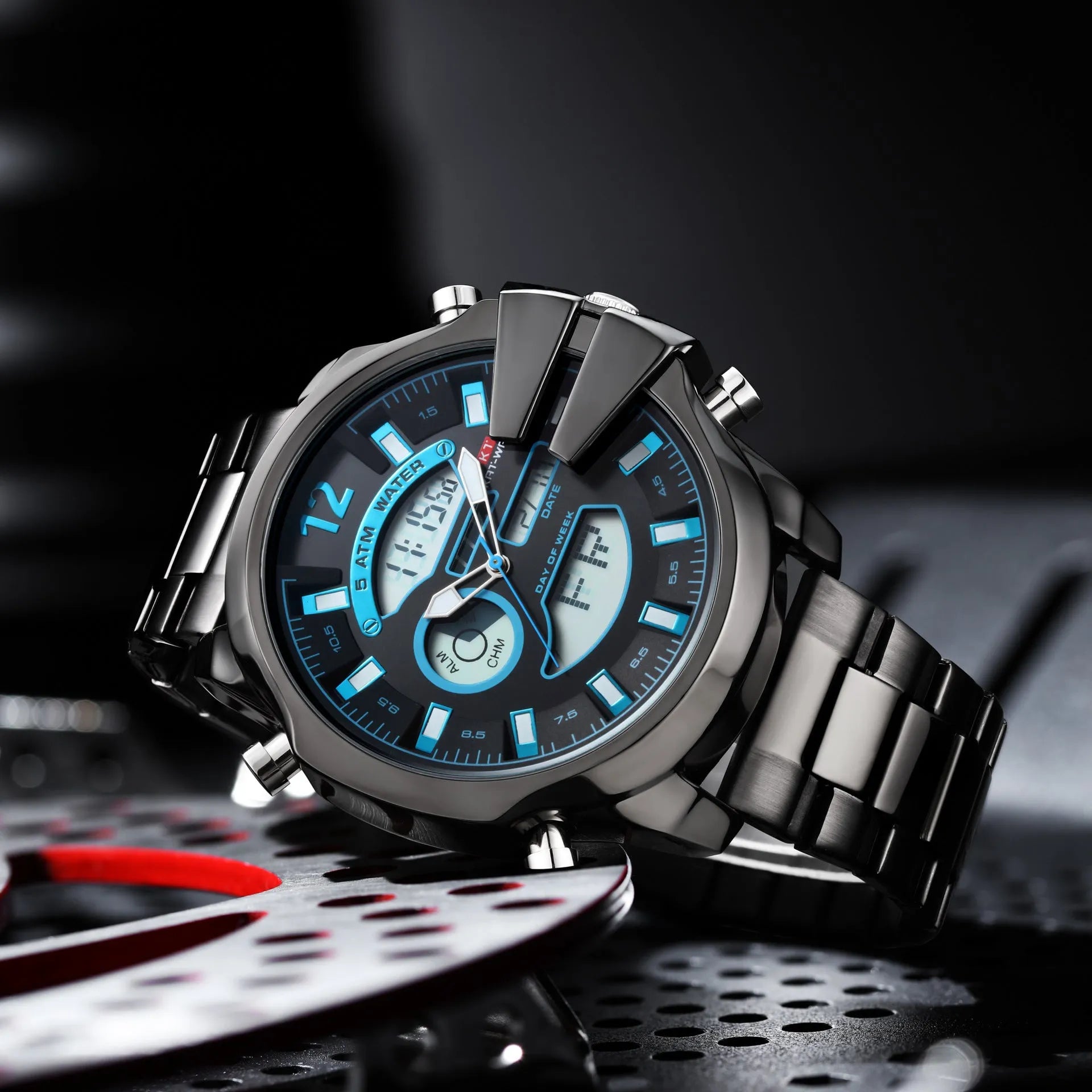 Men's double display LED sports watch with alarm, 30m water resistant, stainless steel strap, 55mm round dial, black colour