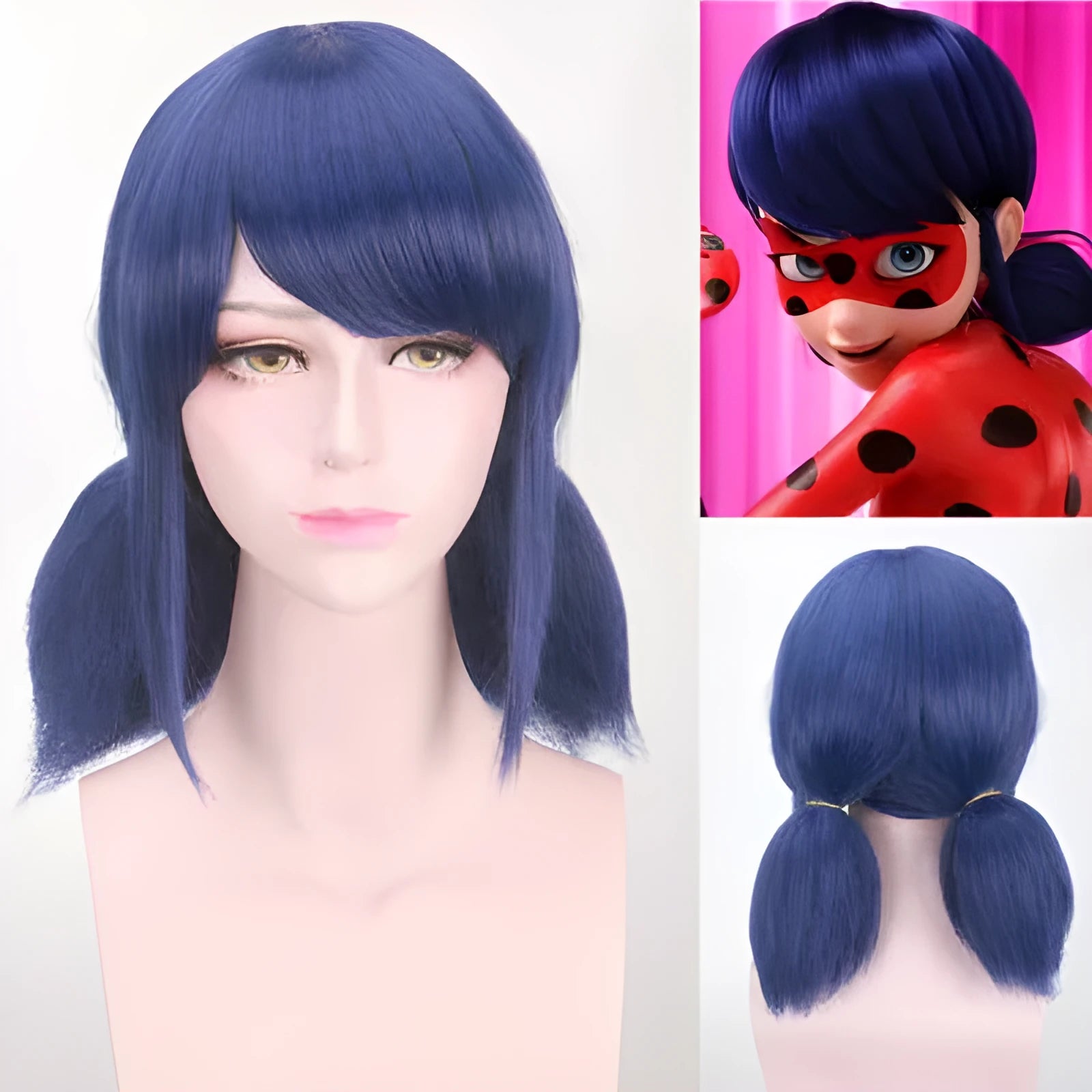Mixed blue cosplay wig for Ladybug role play with 35cm length and adjustable fit