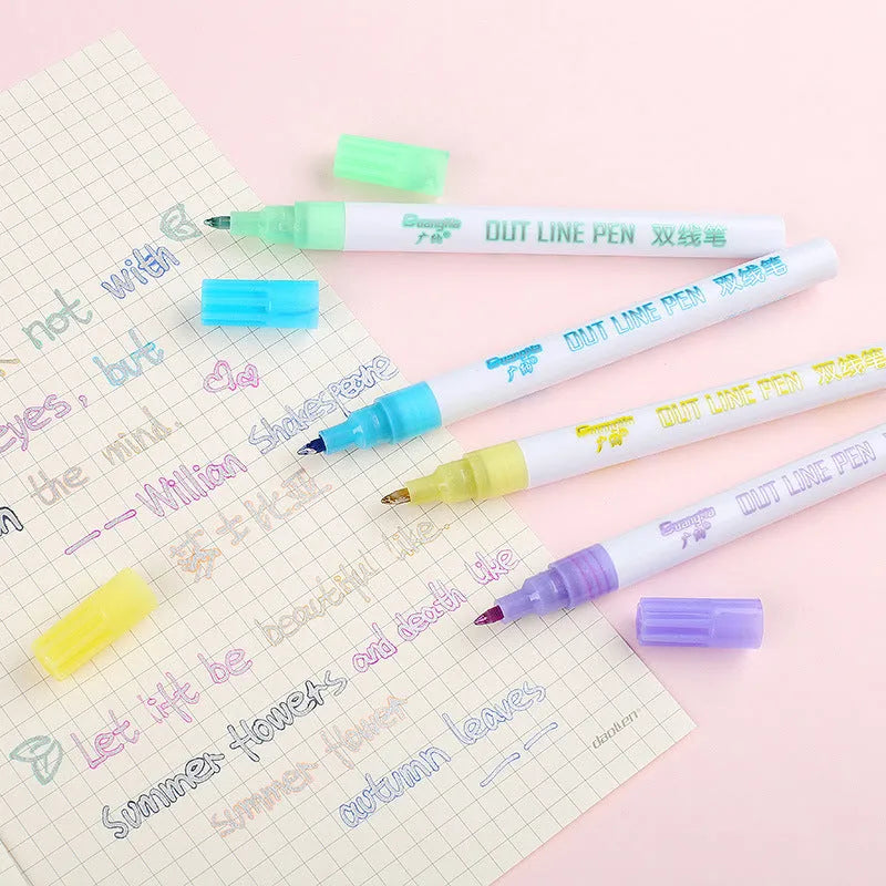 Set of eight fluorescent highlighter pens with 2mm tips in a plastic storage box.