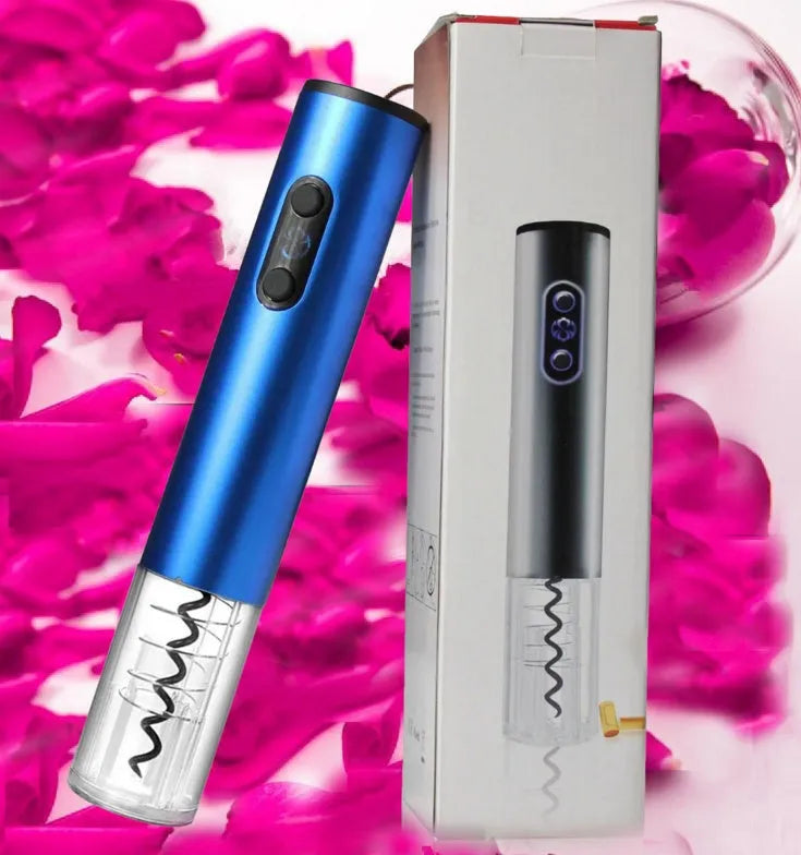 Silver automatic electric wine opener with foil cutter, aluminium alloy body, on a table next to a wine bottle