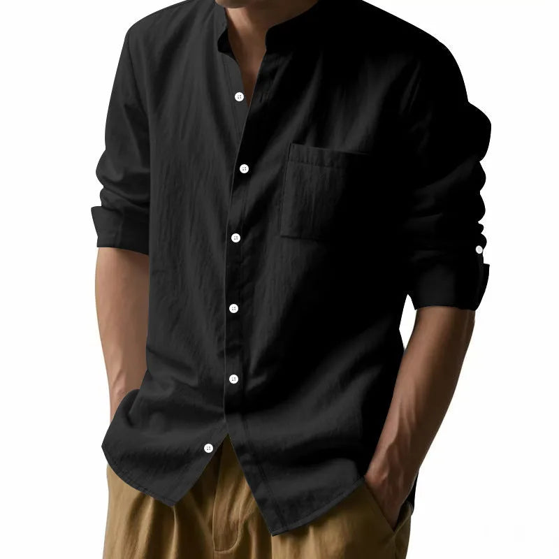 Men's linen long sleeve stand collar shirt with pockets, casual cardigan top in light blue, khaki, white, black or dark grey, sizes S to XXXL.