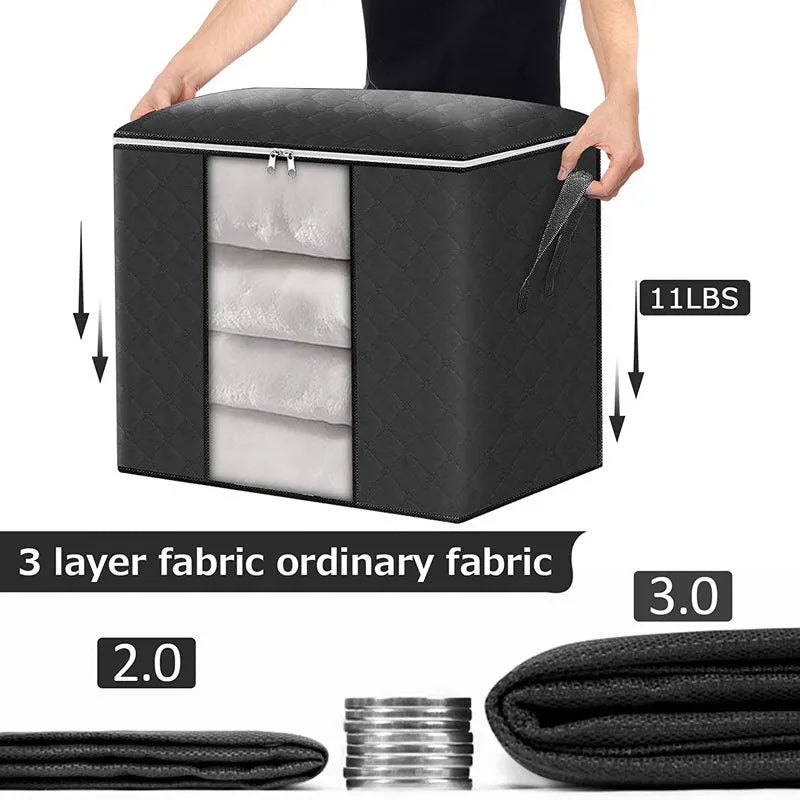 Beige non-woven storage bag with handbag shape for organising quilts and clothes in a wardrobe.