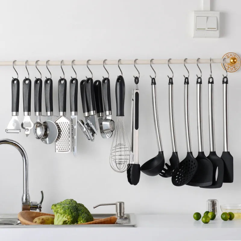 Black silicone spatula spoon set with stainless steel handles, 16-piece kitchen utensils