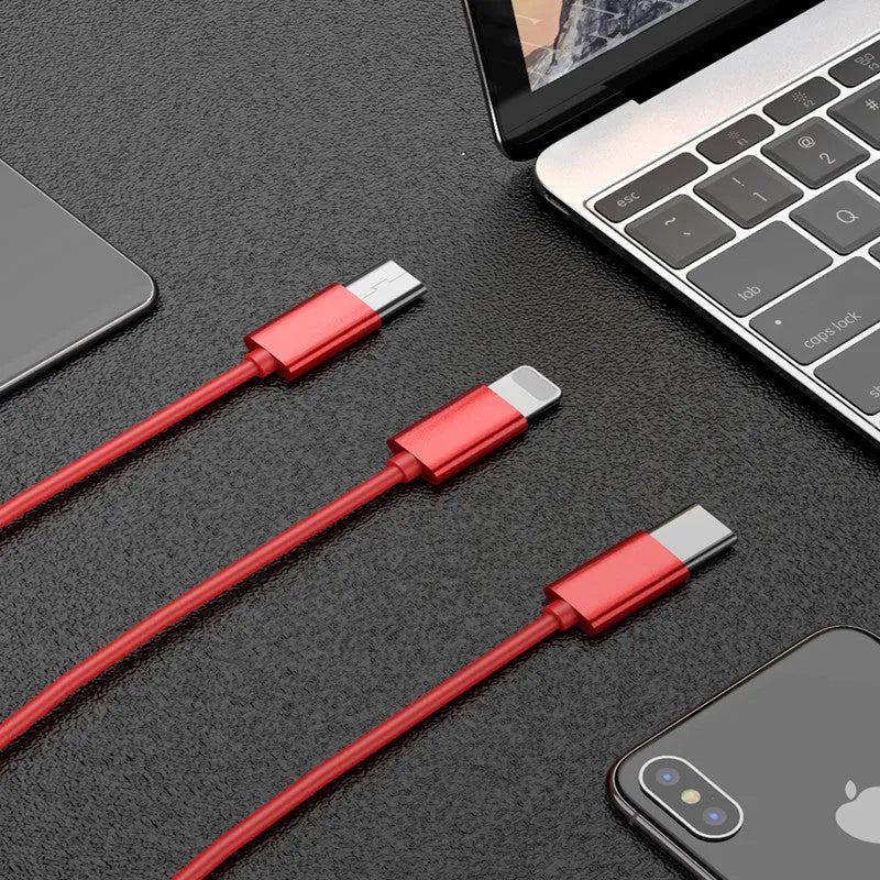 Telescopic 3-in-1 data cable 120cm with Apple Android and Type-C connectors in red