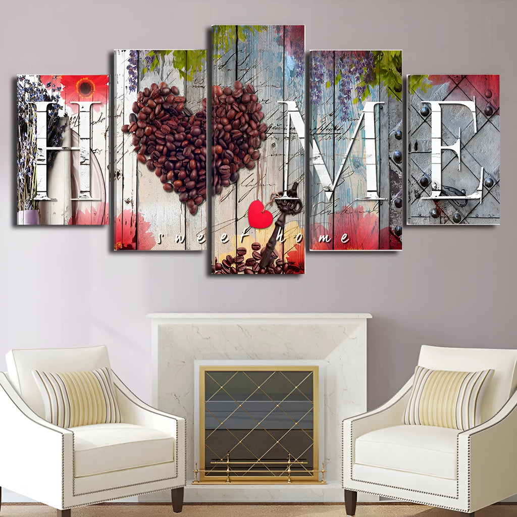 Red oil painting wall decoration boards in multiple sizes arranged as a gallery display