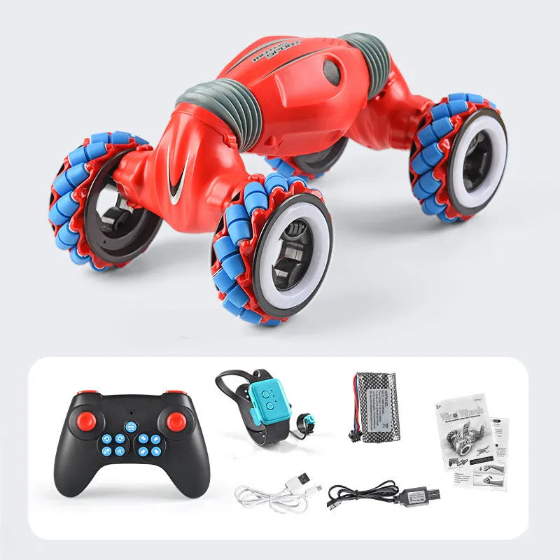 Remote control toy car with Steel Flying Dragon design, gesture sensing, deformation, and colourful hollow off-road wheels in black