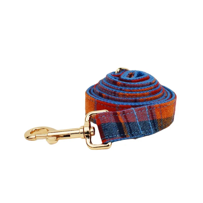 Blue velvet plaid dog collar and leash set with matching bandana accessory on adjustable cloth collar