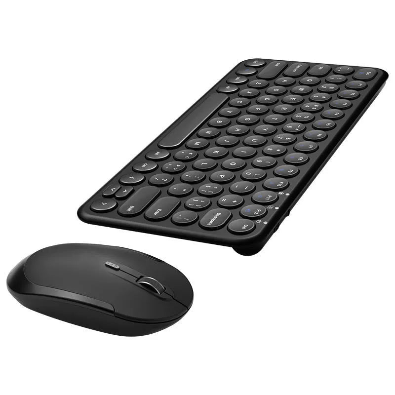 White ultra-thin wireless keyboard and mouse set with USB nano receiver on a wooden desk.