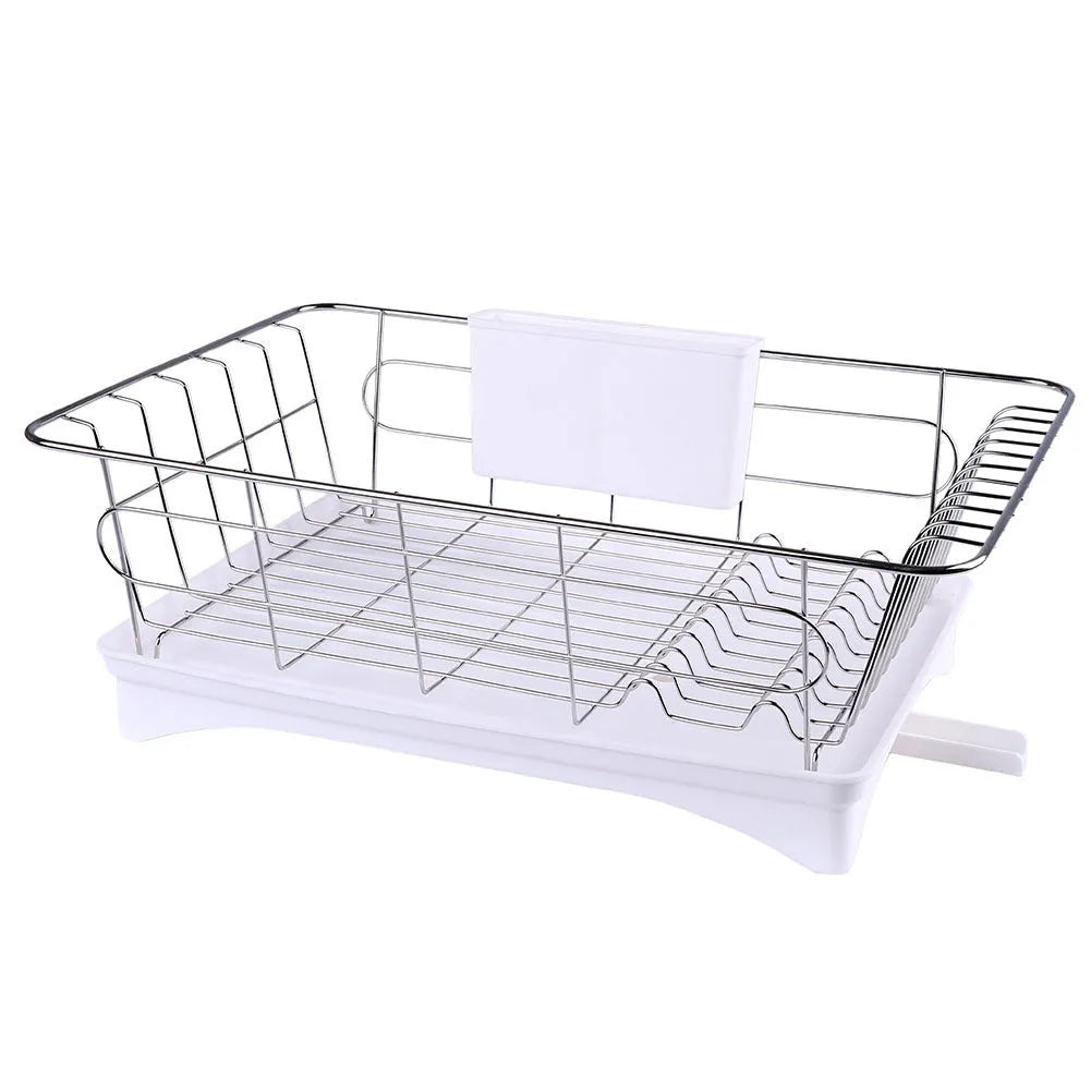 Black stainless steel counter top dish drying rack with plastic drain board and cutlery holder