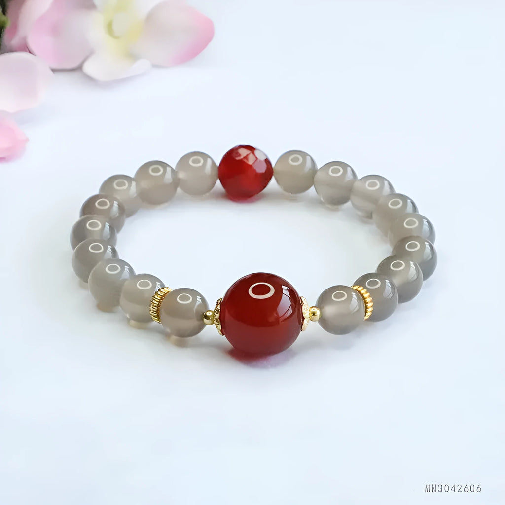 Smoky purple chalcedony red agate bracelet with 8mm geometry beads, natural stone jewellery