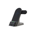 Black multifunctional alarm clock with integrated 15W wireless charging pad and LED display.