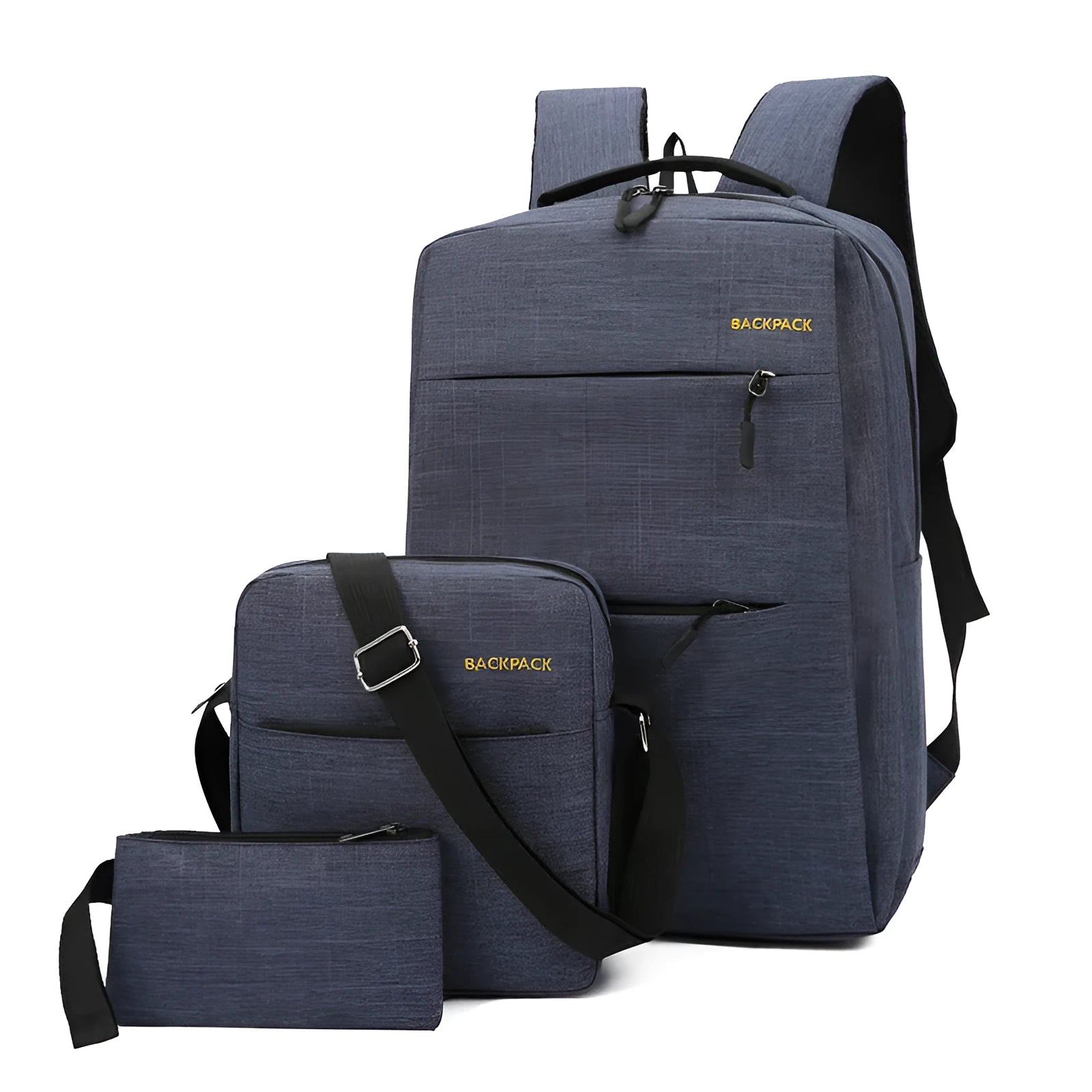 Men's black three-piece USB charging computer bag set showing external USB port and organised internal pockets