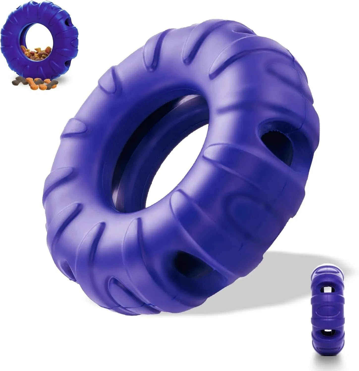 Blue rubber tyre-shaped dog chew toy with oval openings, shown as a slow feeder and interactive puzzle toy