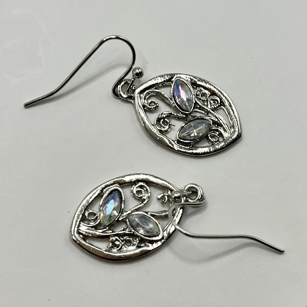 Silver alloy leaf earrings with embedded colourful moonstone, diamond cut treatment details