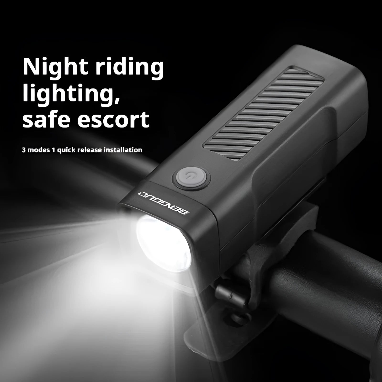 Black USB rechargeable bicycle headlight with quick-release strap mounted on bike handlebars.