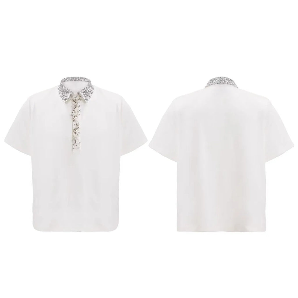 Men's black loose polo shirt with embroidered sequin square collar and short sleeves
