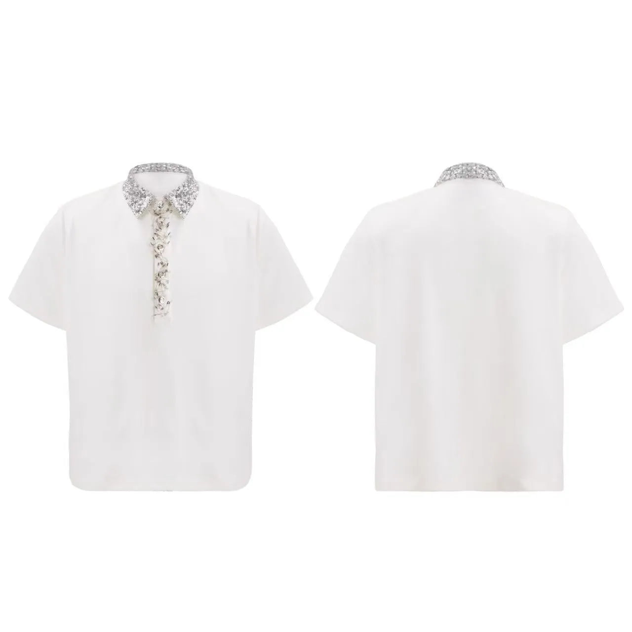 Men's black loose polo shirt with embroidered sequin square collar and short sleeves