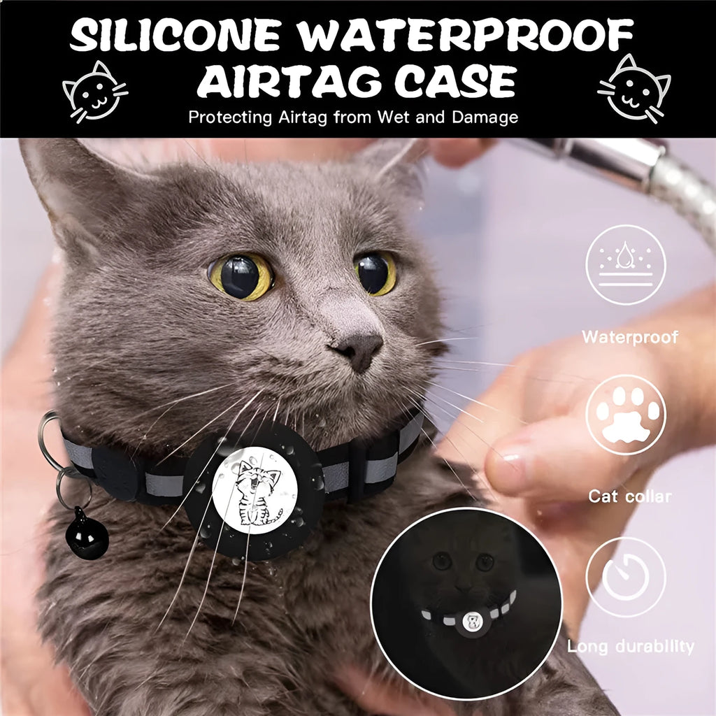 Striped polyester AirTag pet collar with reflective stripes and bell in black, orange, sky blue, pink, dark blue or purple