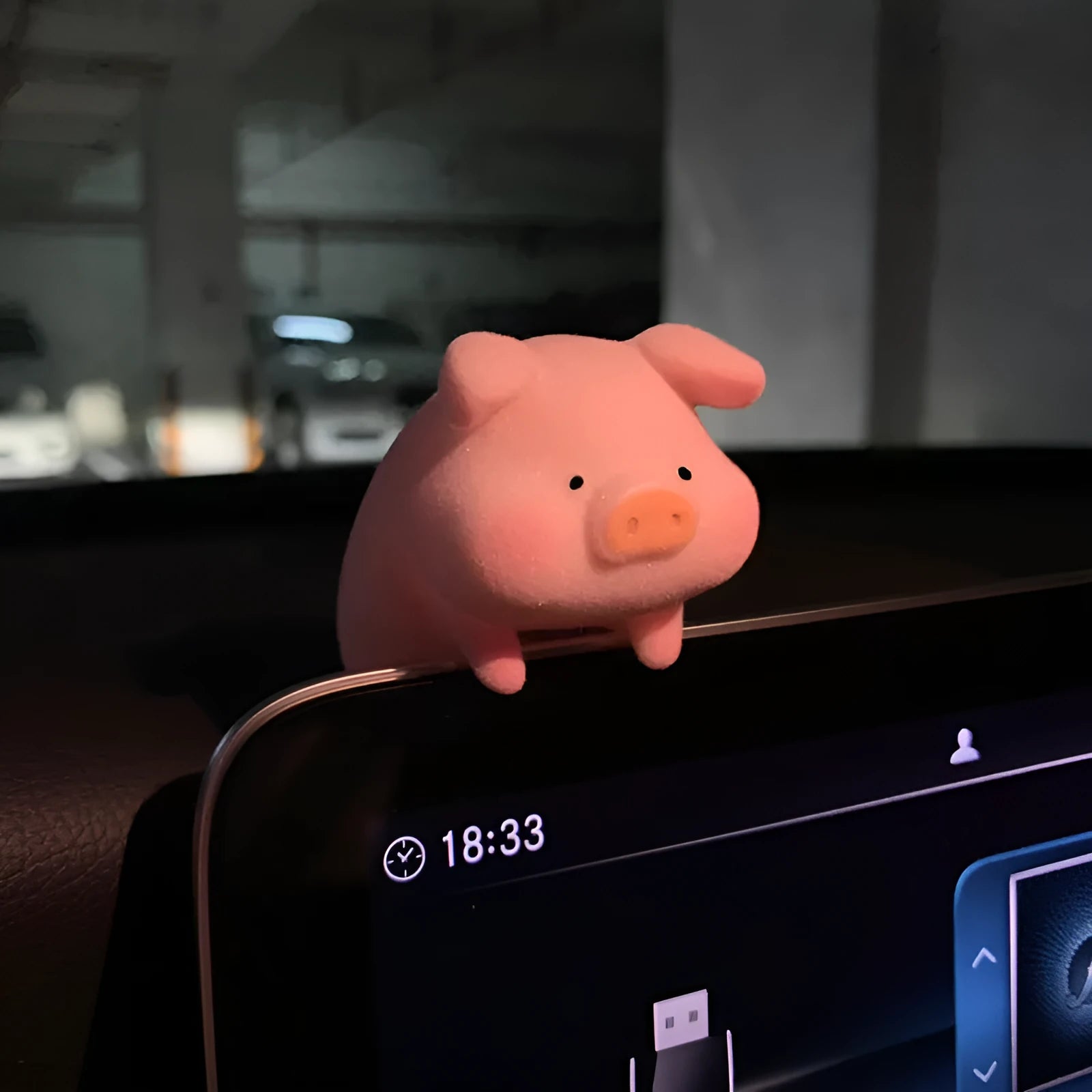 Glossy resin cartoon pig ornament for car dashboard decoration, shown in one of eight available character styles.