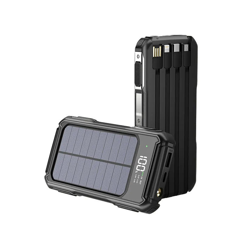 Military grade portable power bank in black, green, or orange colour showing size comparison and dual USB output ports.