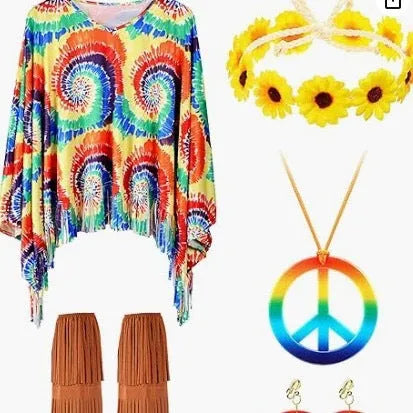 Tie dye patterned cloak costume with bell sleeves in a choice of vibrant colours.