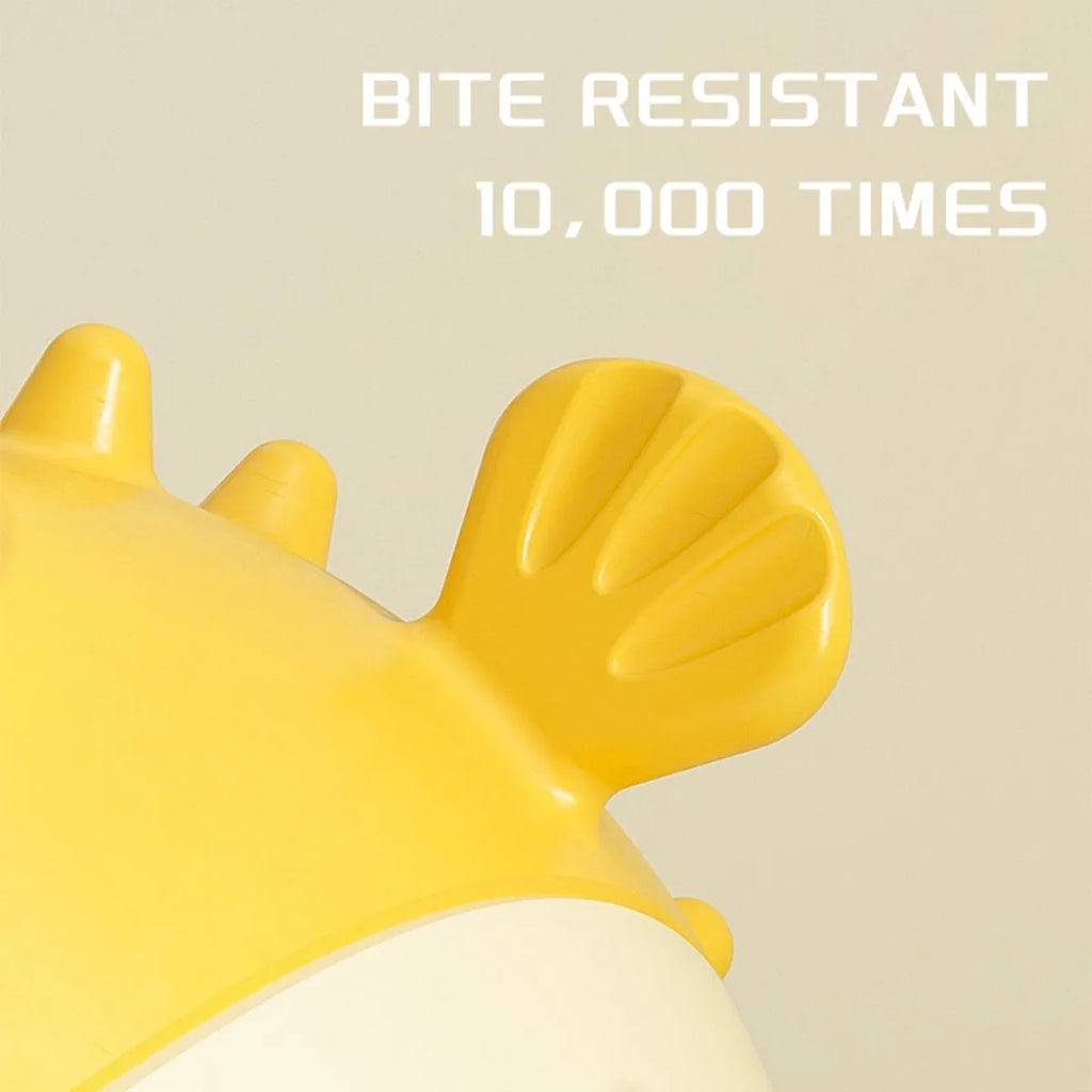 Yellow fish-shaped durable vinyl dog chew toy with textured surface for aggressive chewers.