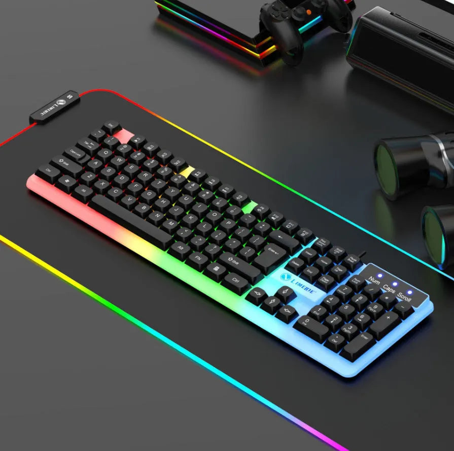Mechanical feeling computer keyboard with colour options including white, rainbow and luminous character variants