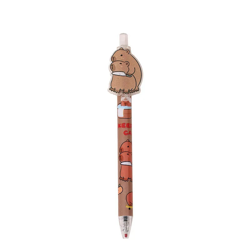 Open box showing 48 cartoon bear themed plastic gel pens with press barrels.