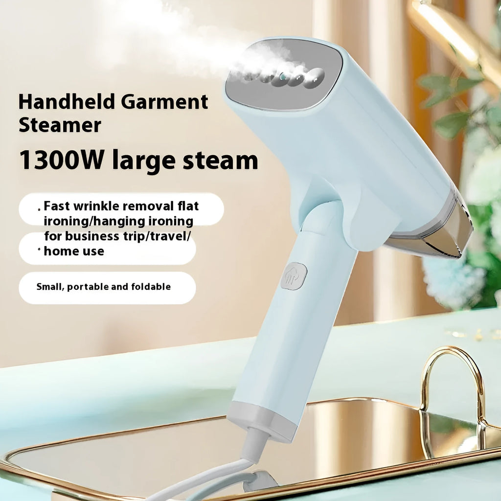 Blue and white handheld garment steamer with compact design and water tank