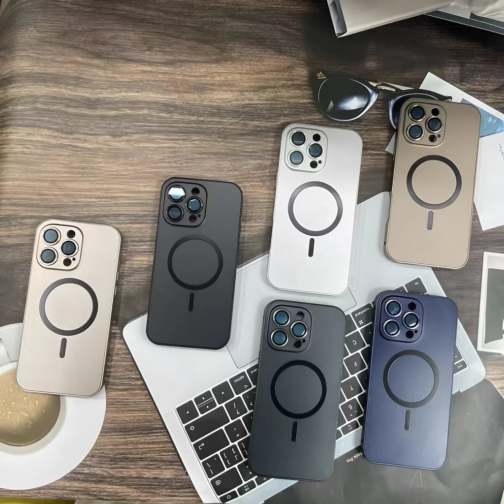 Metal frame magnetic phone case for iPhone 16 series in Titanium Black finish