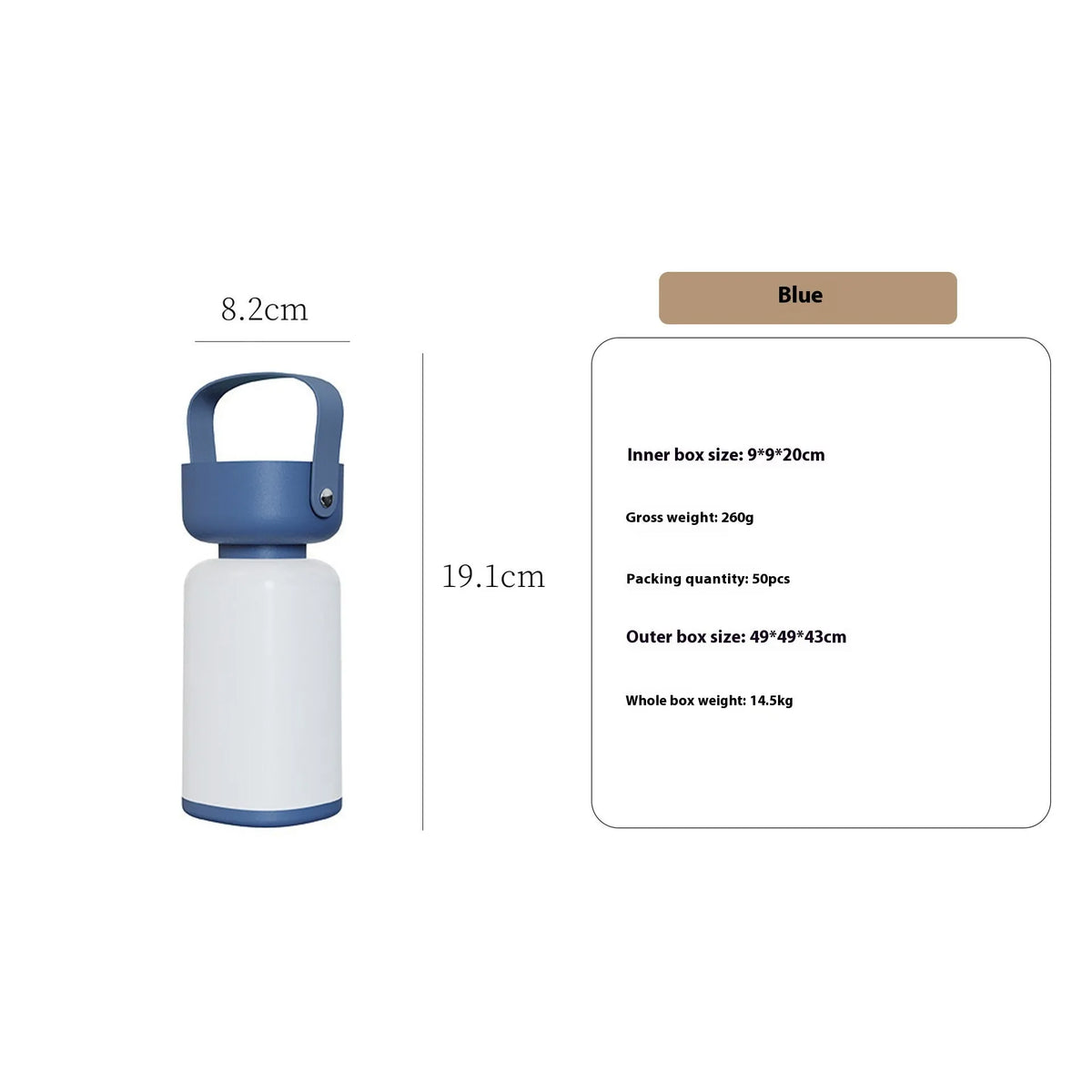Portable LED camping lantern with USB charging, waterproof design, available in blue or brown, compact modern style.