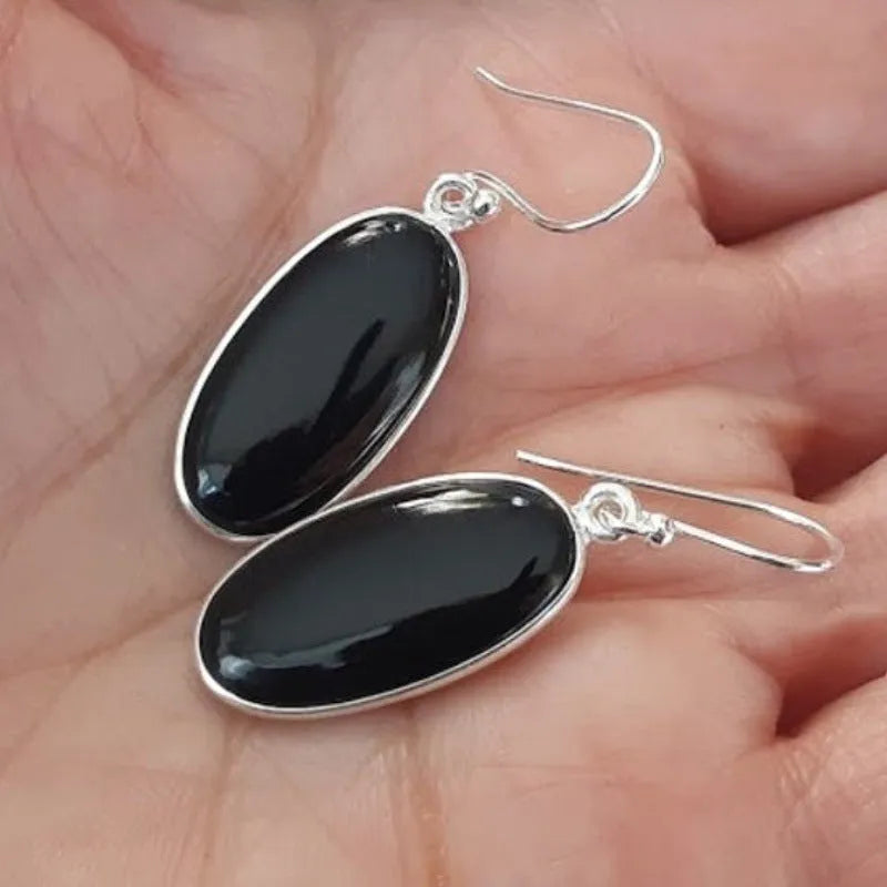 Women's 925 silver earrings with oval black agate pendants and geometric Chinese styling