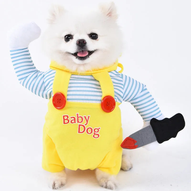 Halloween dog costume selection showing bat suit, devil outfit, and space clothing styles for pets