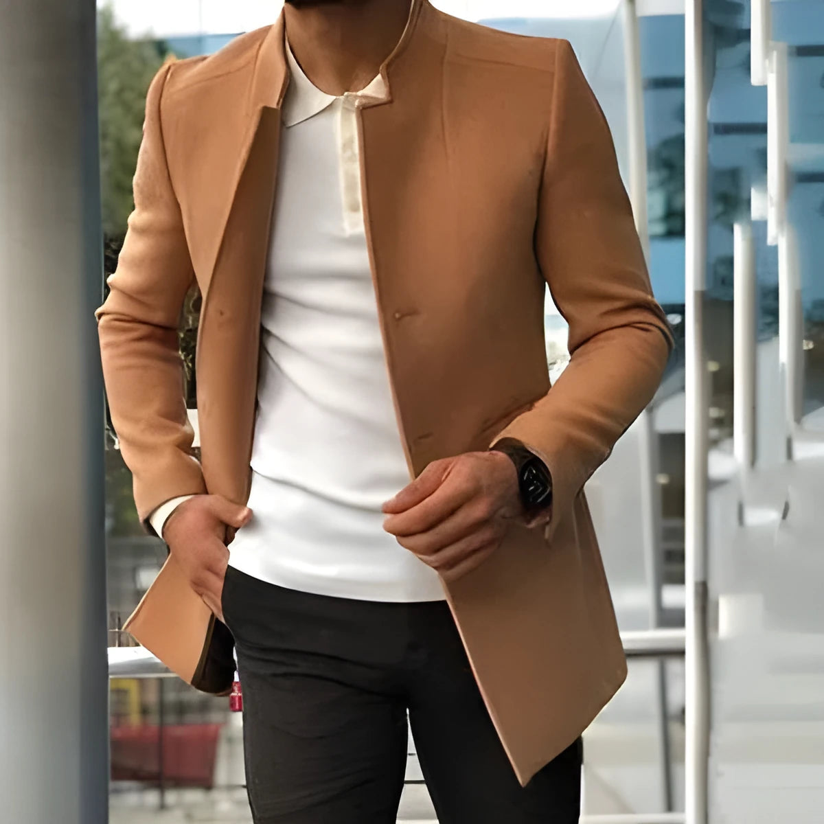 Solid-colour form-fitting khaki woolen coat for middle-aged and young men autumn outerwear